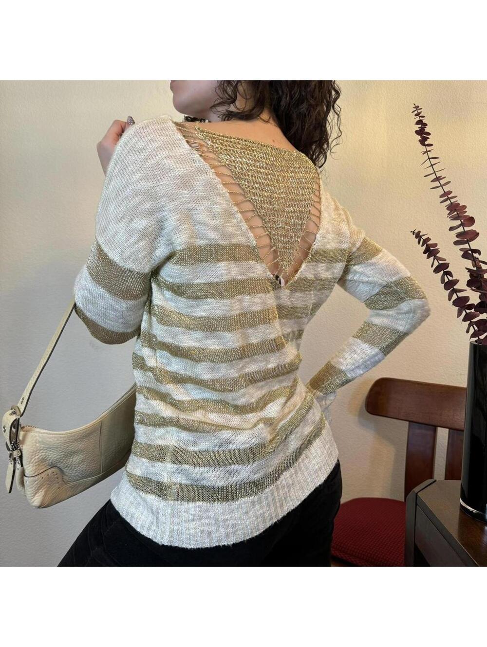 BEBE Long Sleeve Knit Top Womens Small Cream Gold Striped Metallic Y2K